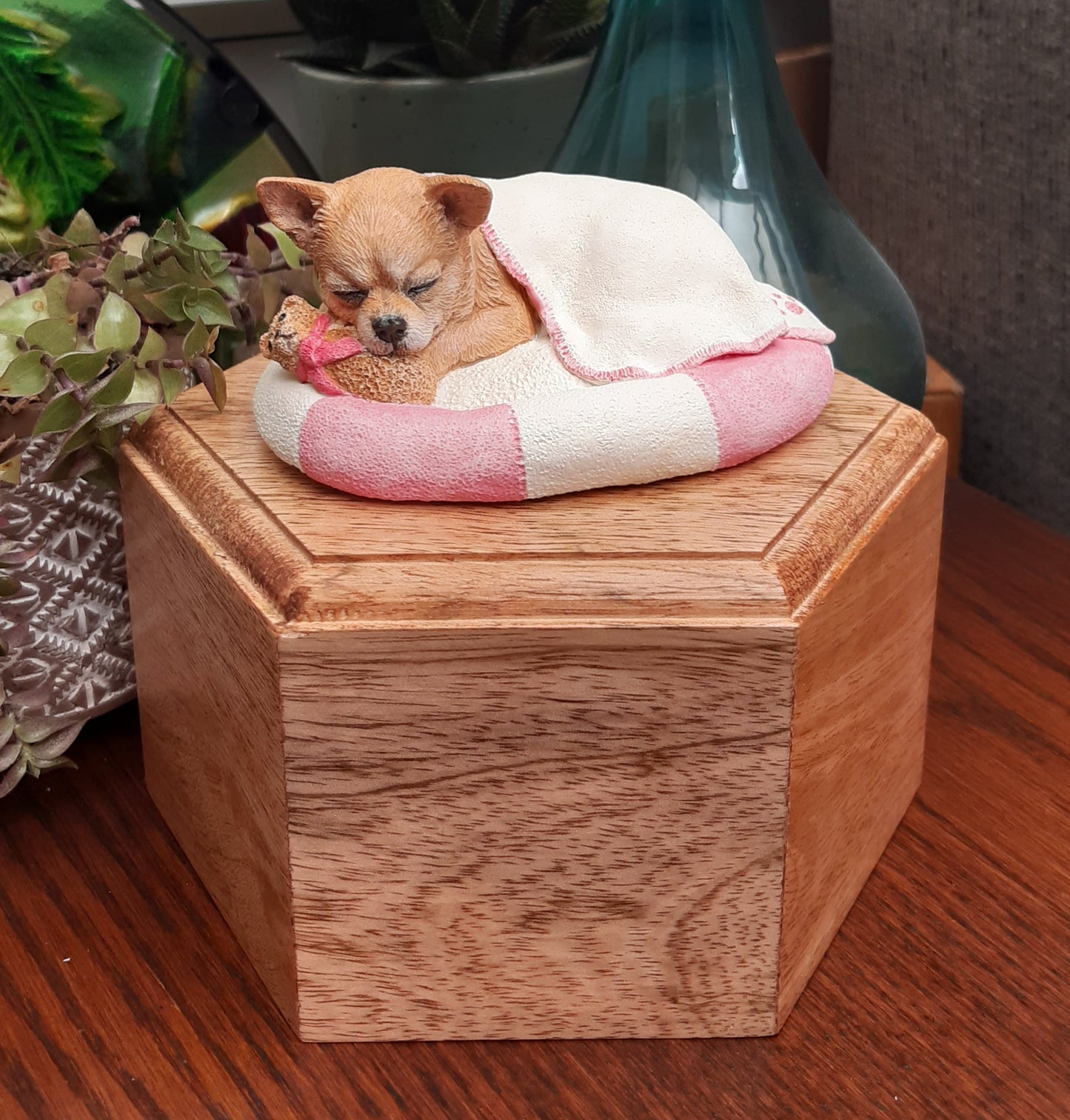 Wooden Cremation Urn For Short Coated Chihuahua Pet Ashes