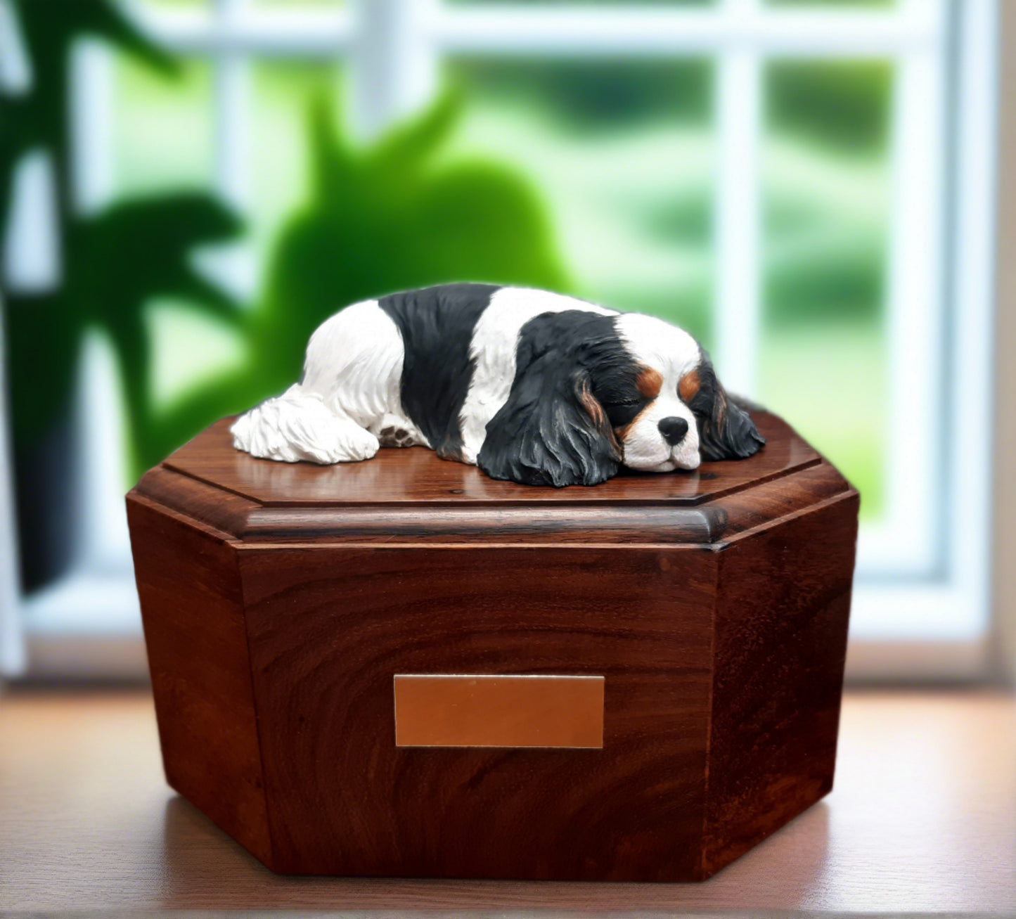 Rosewood urn with cavalier king charles spaniel sculpture