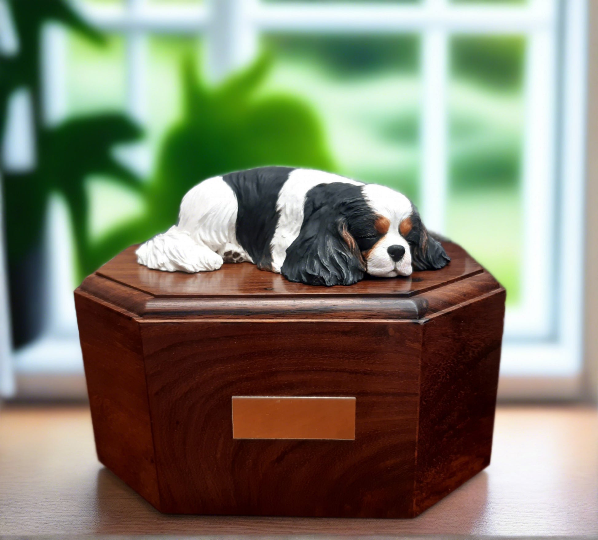 Rosewood urn with cavalier king charles spaniel sculpture