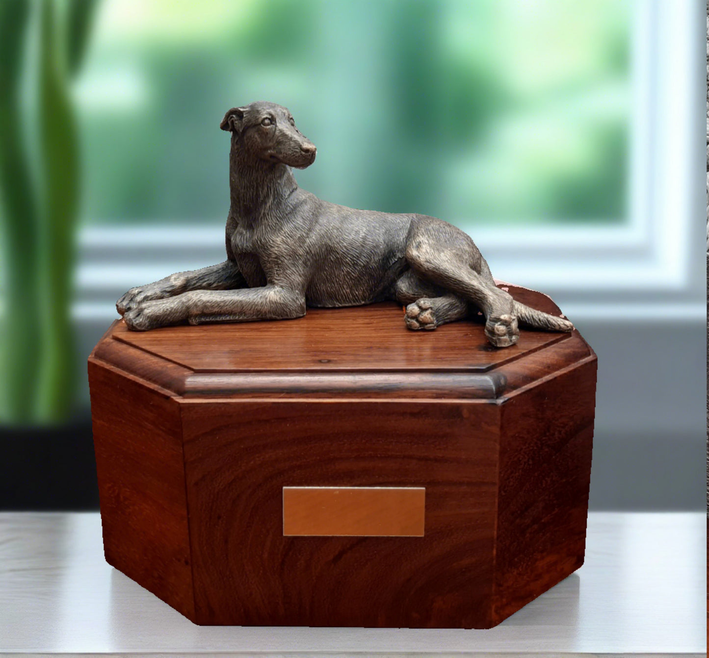 Greyhound Wooden Pet Cremation Urn With Engraved Name Plate (Dark finish)