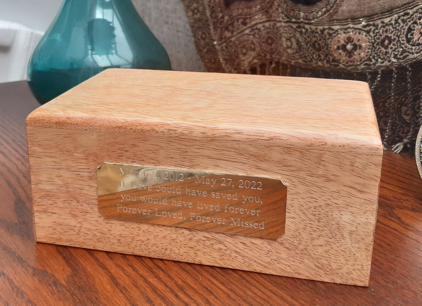 Wooden Pet Cremation Urn With Engraved Name Plate (light or dark finish)