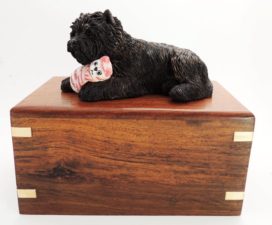 Wooden Cremation Urn For Cairn Terrier, Dog Cuddling Toy