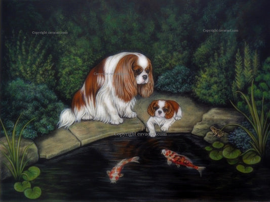 Painting of a cavalier king charles spaniel watching koi in a pond